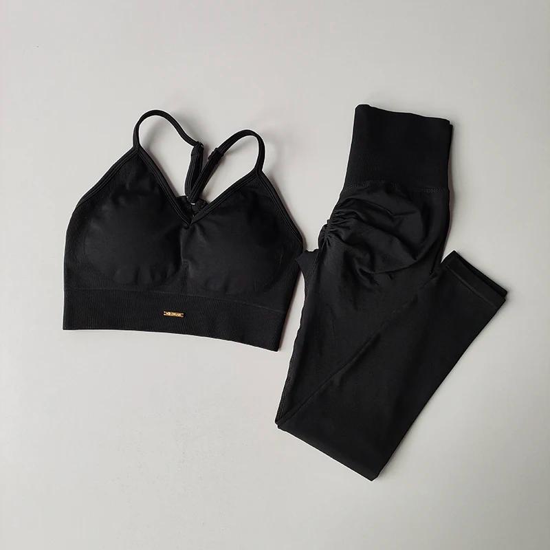 Ensemble de Fitness sans couture pour femmes, soutien-gorge, col en v, Leggings, Yoga, exercice à sé