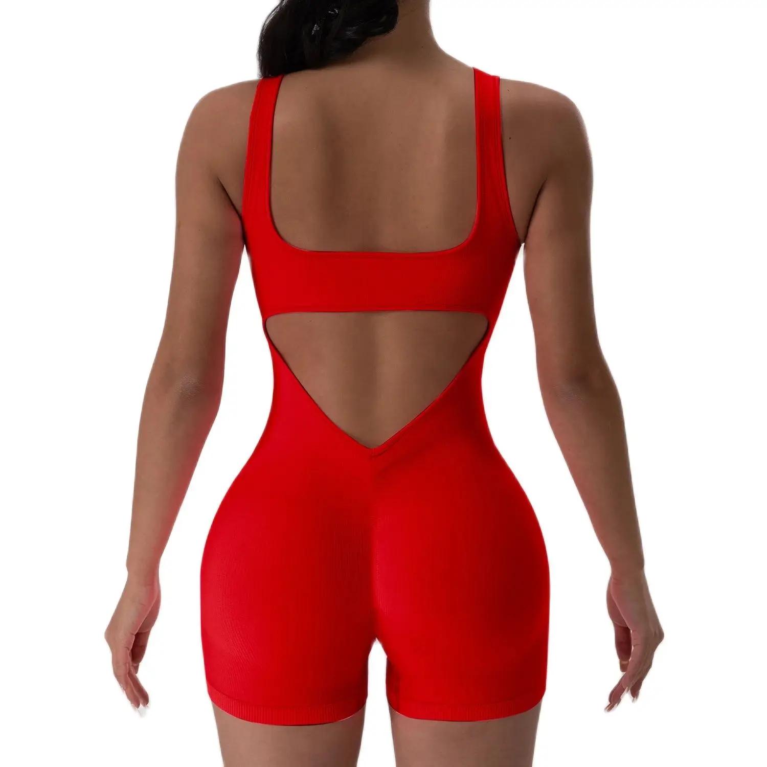 Combinaison de Yoga dos nu, 1 pièce, col en U, sans manches, combinaison de sport, couleur unie, fil