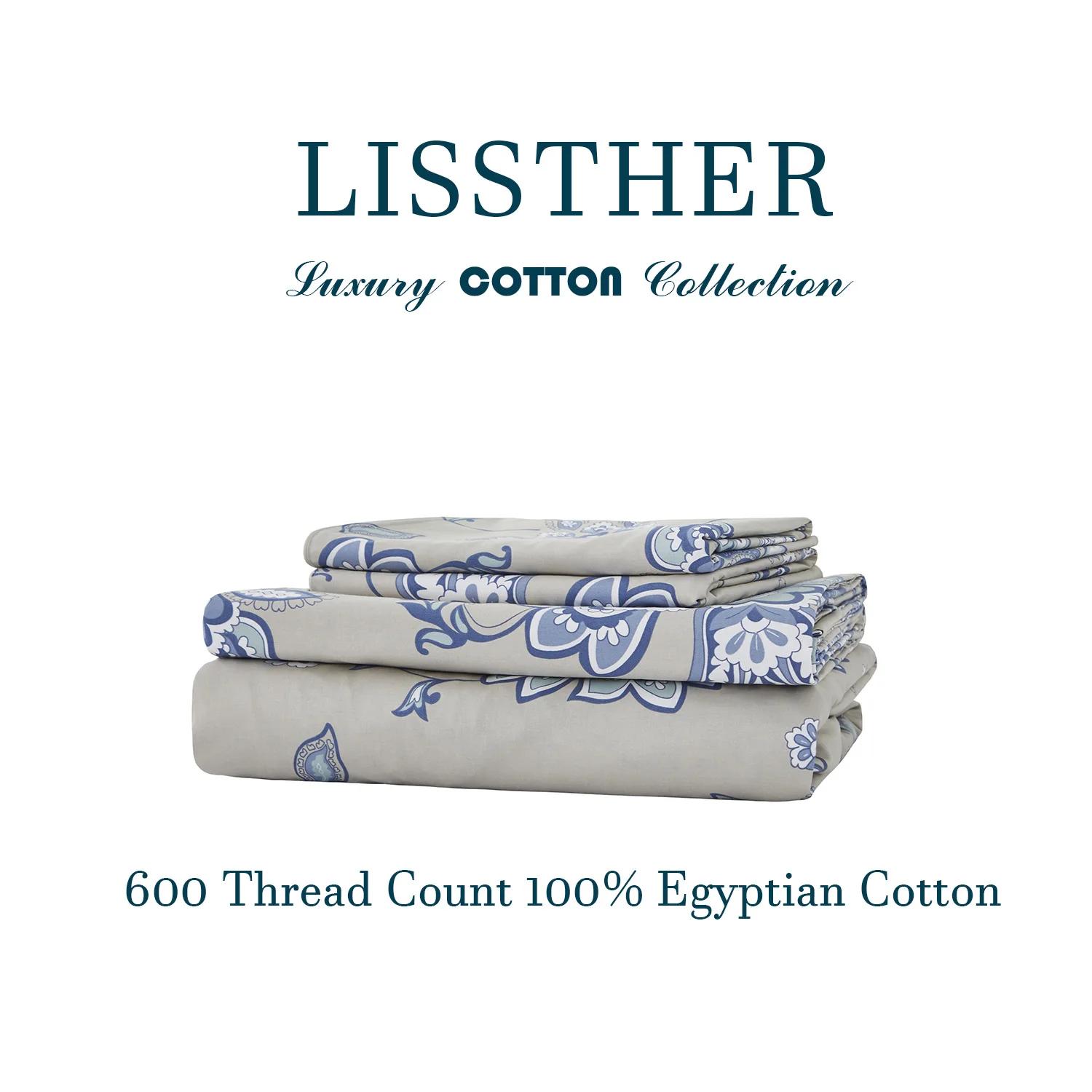 Ensemble de draps en coton égyptien 100% 600TC, 4 pièces, motif Paisley damassé bleu Boho, doux pour
