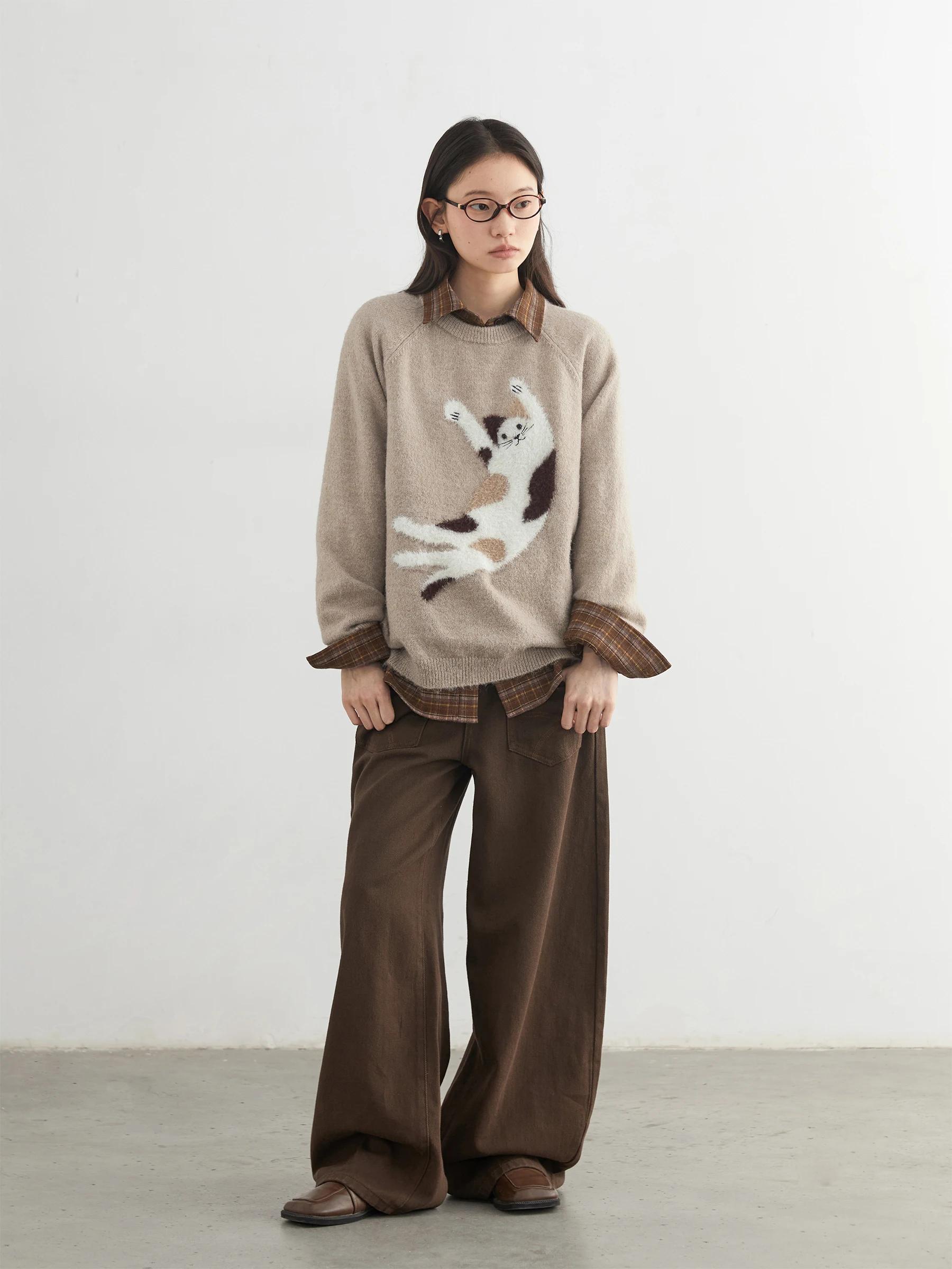 CHIC VEN femmes chandails ample décontracté O cou tricoté dessin animé chat chaud tricot pull femme