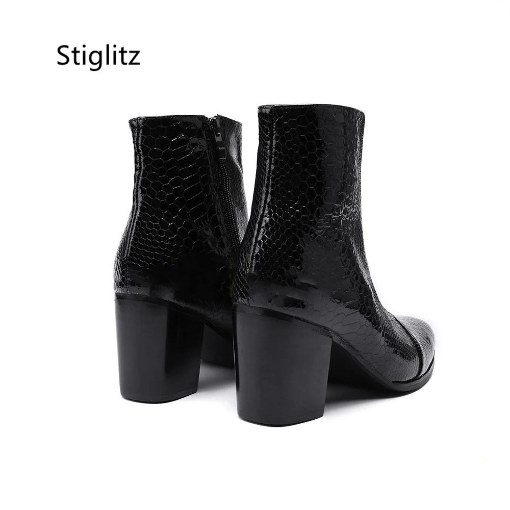 Bottines en cuir véritable pour hommes, noir et rouge, talons hauts de 8Cm, motif serpent rétro, bou