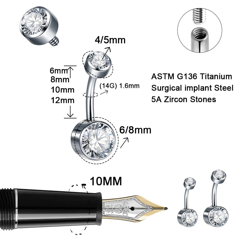 Anneau de nombril rond en titane G23 5A, Zircon CZ, bijoux de corps, ensemble de lunette filetée int