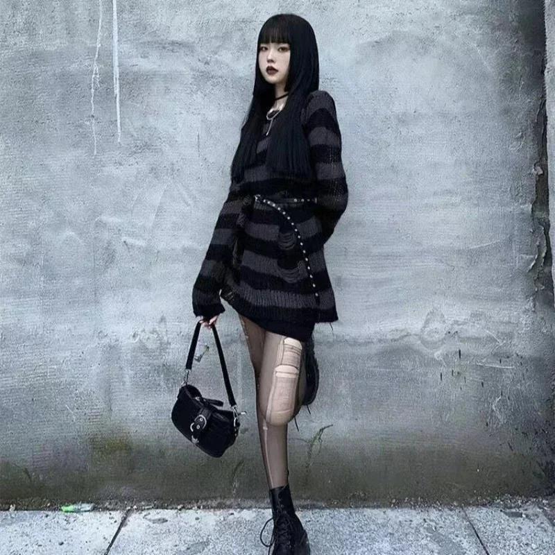 Nouveau Streetwear haut Punk gothique Long unisexe pull été femmes rayé Cool trou creux cassé pull a