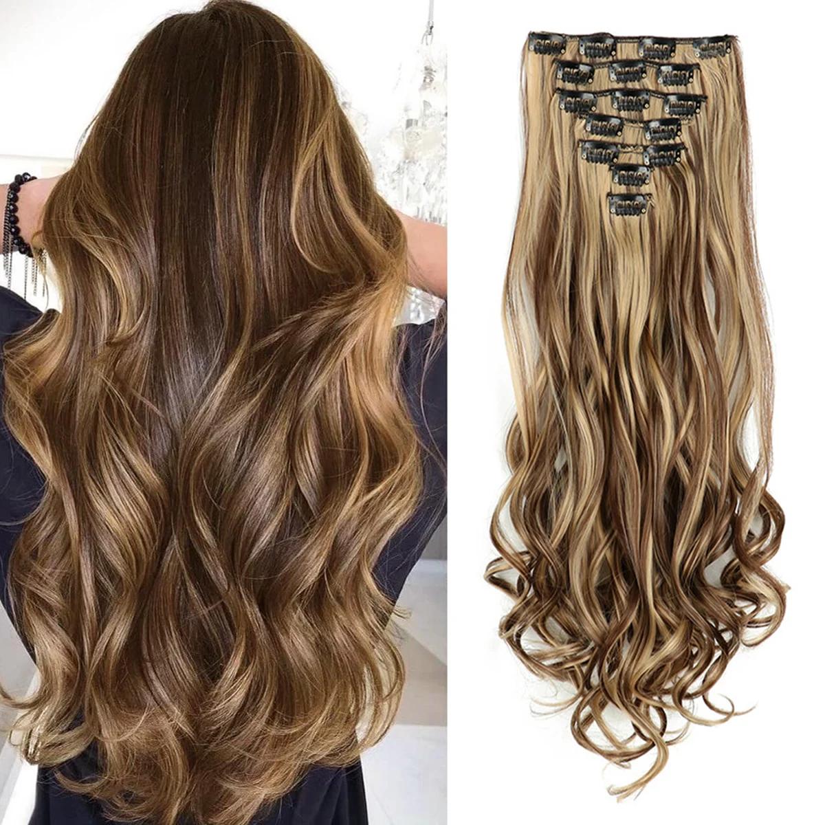Extensions capillaires synthétiques à clips, 7 pièces, tête complète de 22 pouces, longues, bouclées