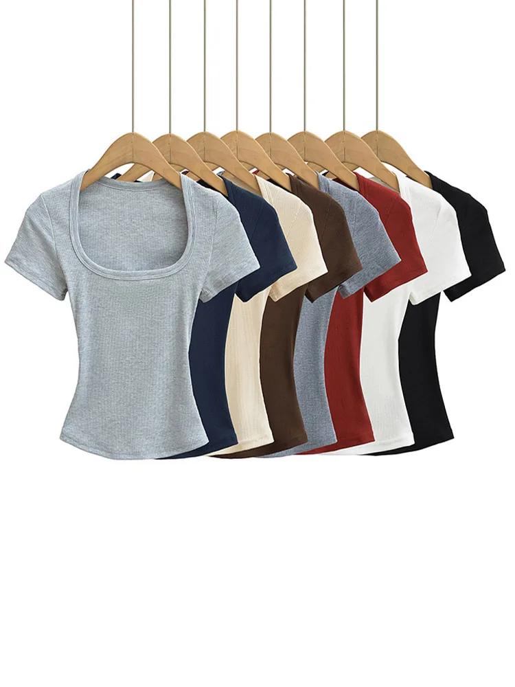 Haut court à col carré pour femmes, coupe cintrée, pull à manches courtes, très extensible, chemisie