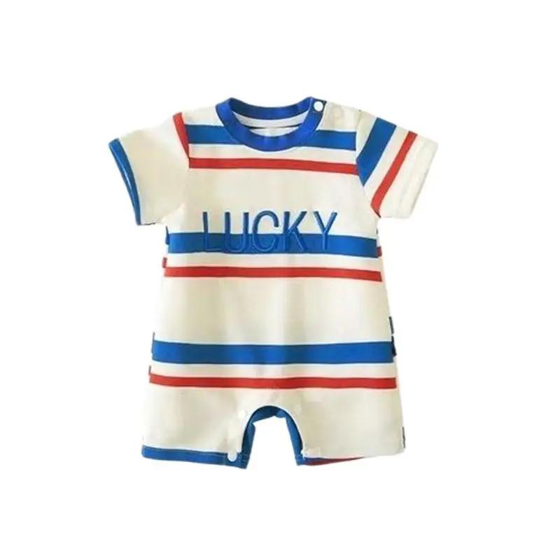 Nouvelle combinaison pour bébé, été, manches courtes, à rayures colorées, avec lettres, combinaison