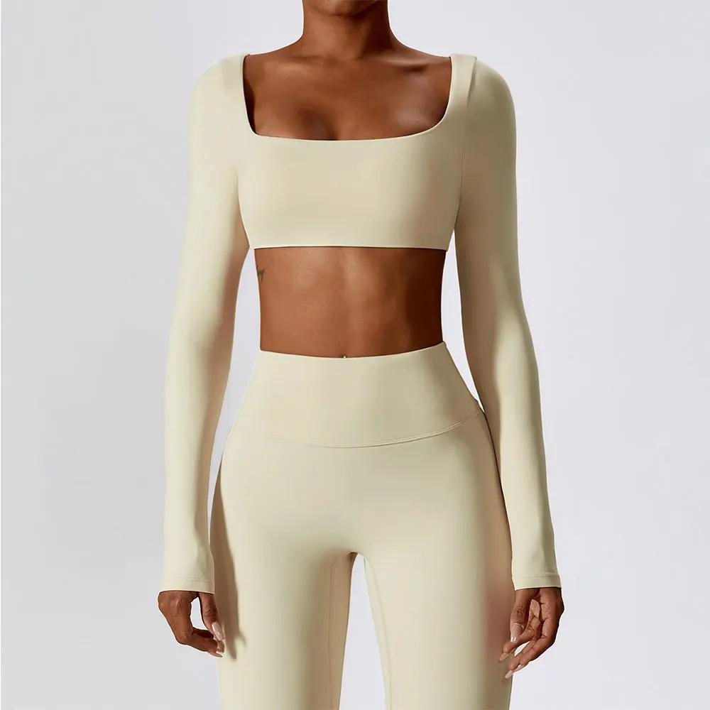 Haut de yoga femme sexy - Chemise sport manches longues court pour fitness et entraînement sportif