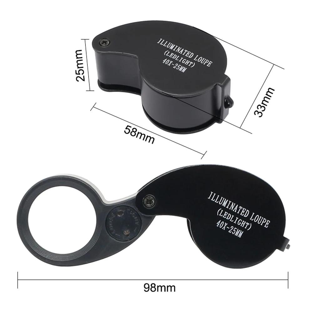 Loupe de bijoutier pliante de poche 40X, Loupe avec lumière pour montre, pièces de monnaie, timbres,