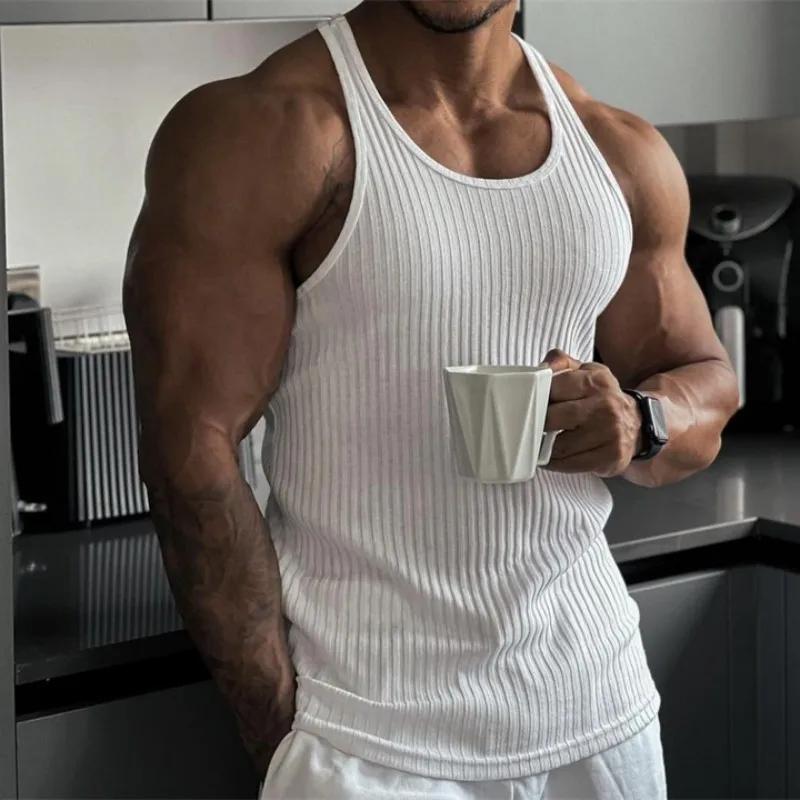 Débardeur Homme Fitness 2025 Été Rayure - Maillot de Corps Musculation Sport Sans Manches