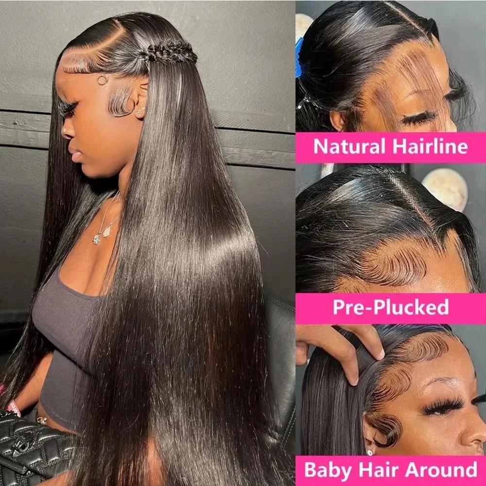 Perruque Lace Wig 360 Full Hd, cheveux naturels lisses, sans colle, avec cordon de serrage Invisible