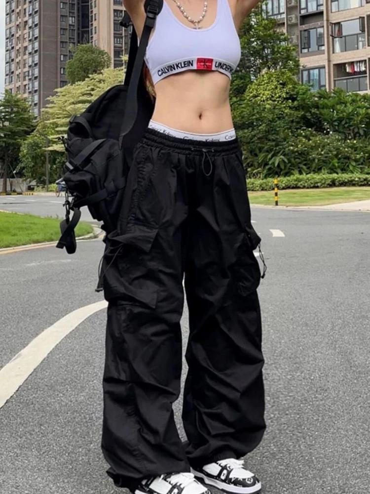 Y2K Parachute noir pantalon femmes Hippie Streetwear poches surdimensionnées Cargo pantalon Harajuku