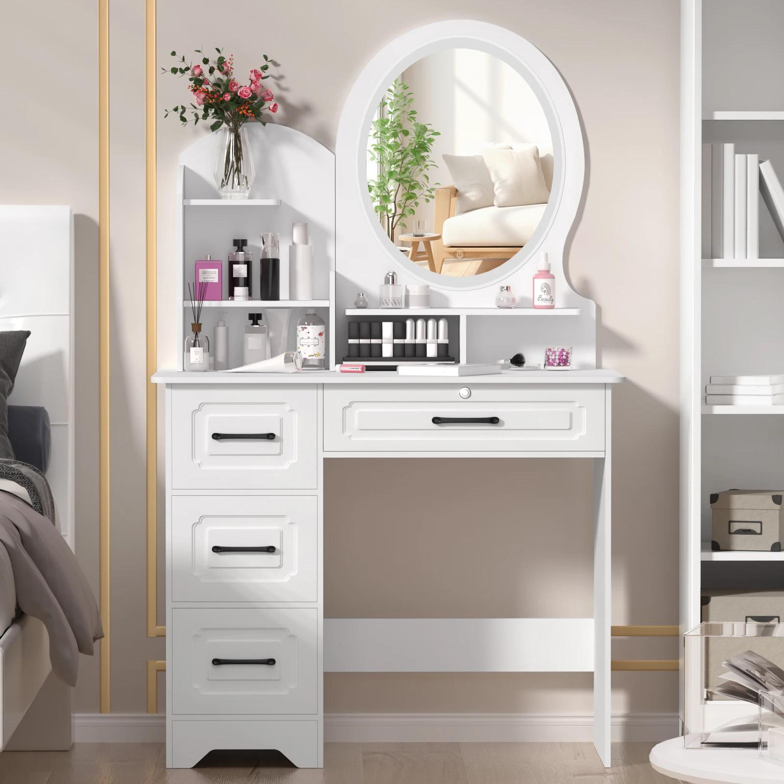 Table de maquillage moderne avec miroir et lumières, étagères de rangement supplémentaires, coiffeus