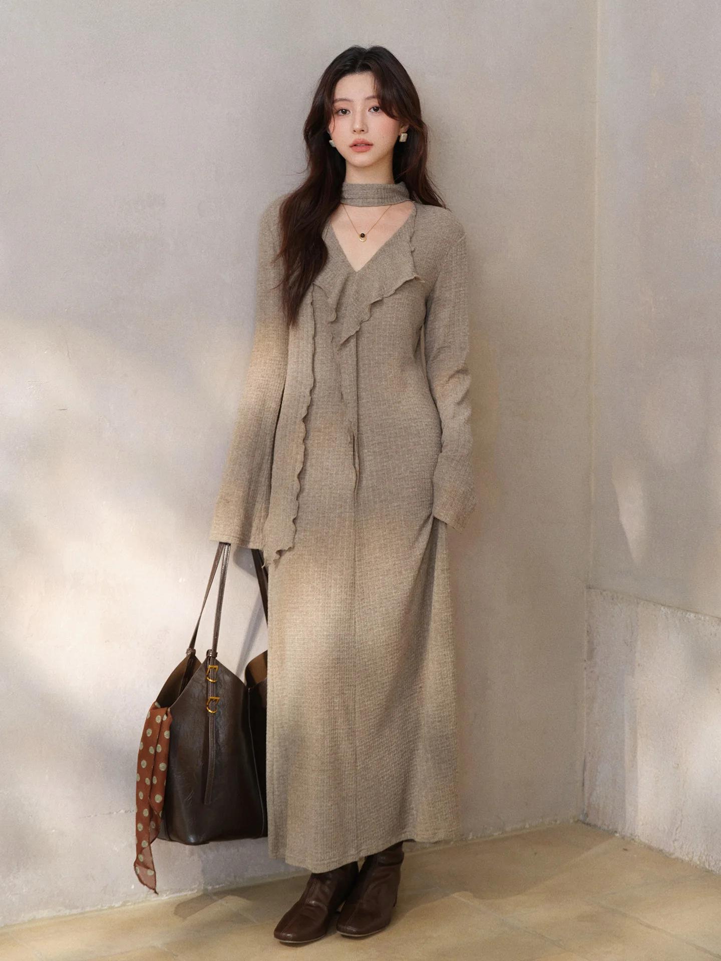 Robe française élégante en tricot, col en v, manches longues, élastique, Maxi, Design asymétrique, r