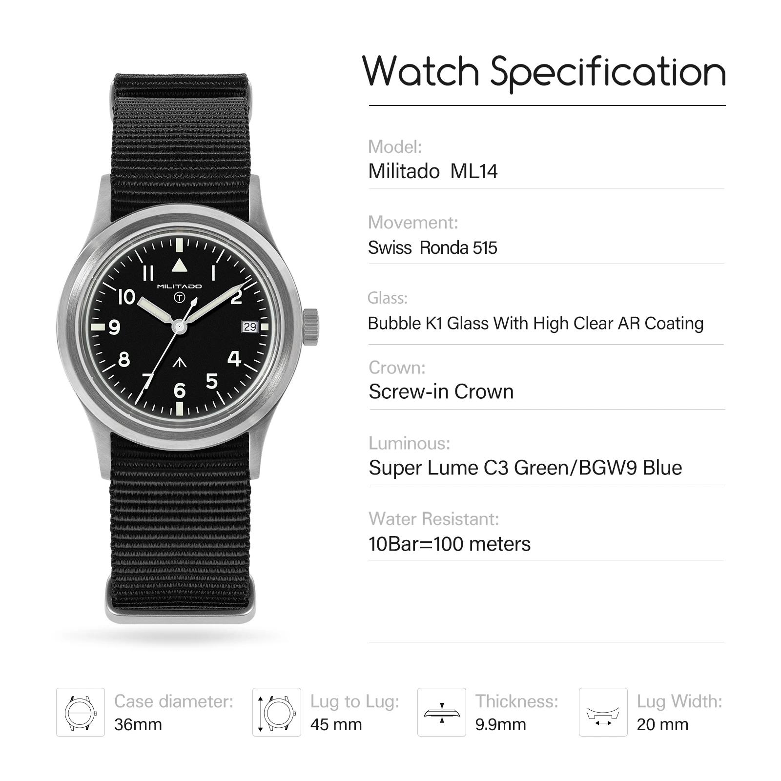 Militado ML14 36mm montre VH31 balayage deuxième mouvement à Quartz montre saphir cristal Super lumi