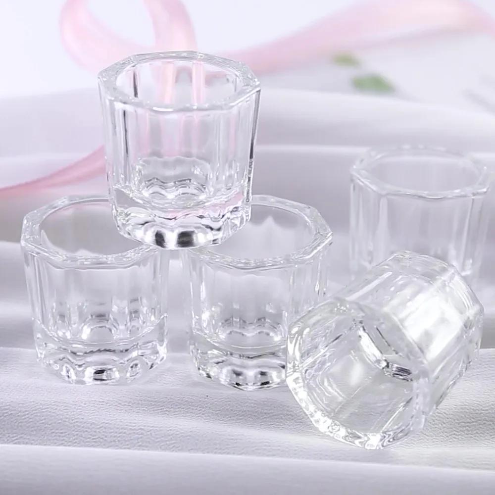Mini verre cristal acrylique transparent, petite poudre octogonale, tasse à ongles liquide, brosse à