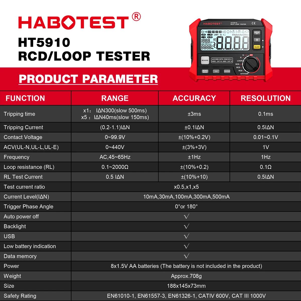 HABOTEST HT5910 testeur de commutateur de fuite LCD compteur de résistance numérique RCD/test de bou