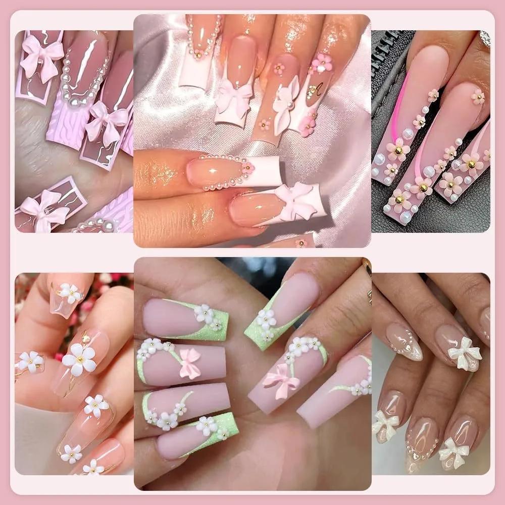Mélange acrylique nœud papillon 3D Nail Art décorations fleur résine breloques or perles Caviar perl