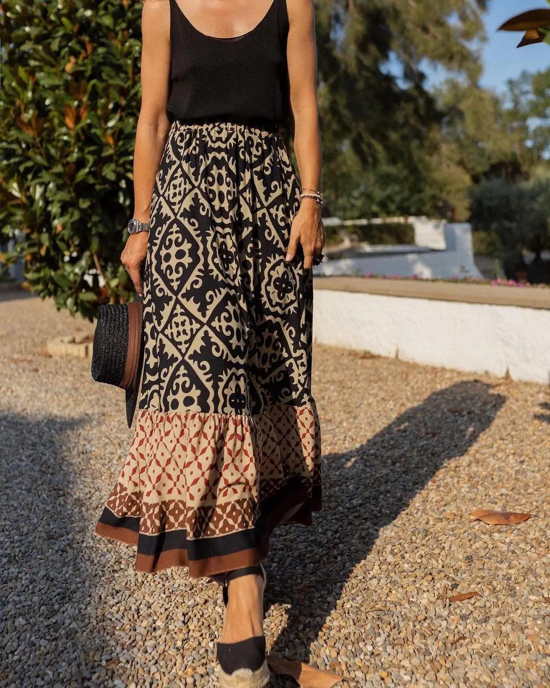 Jupe évasée imprimée à taille élastique pour femme, jupe midi bohème à empiècements, idéale pour la