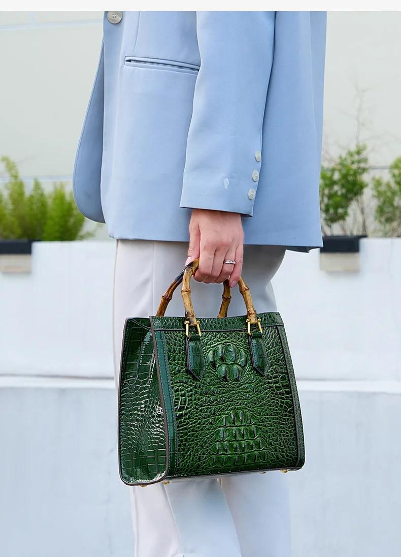 Sacs à main en cuir motif Crocodile pour femmes, fourre-tout Portable à poignée supérieure en bambou