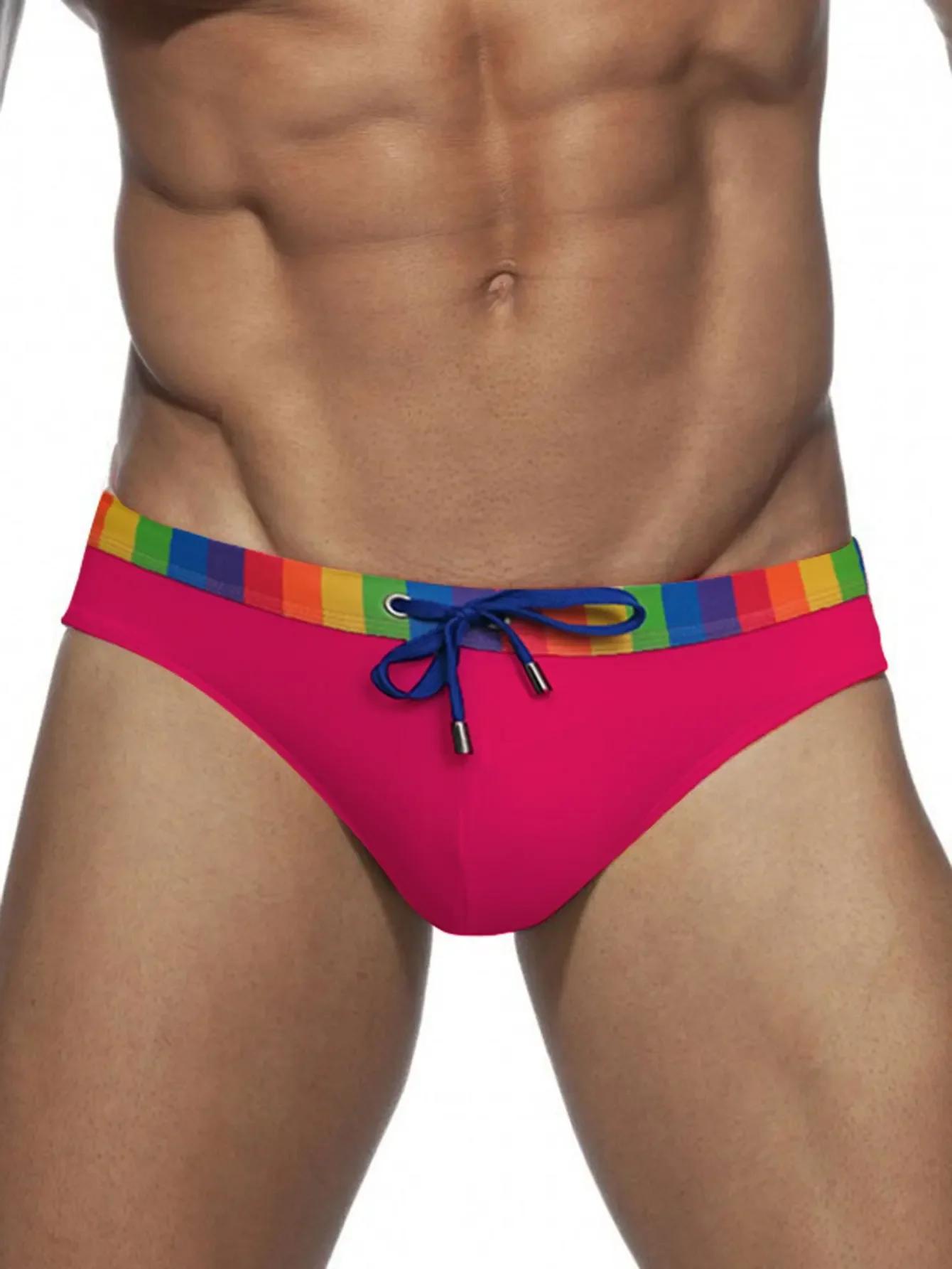 Maillot de bain à rayures arc-en-ciel pour homme, slip de bain sexy, poudres de contour, bikini, sho