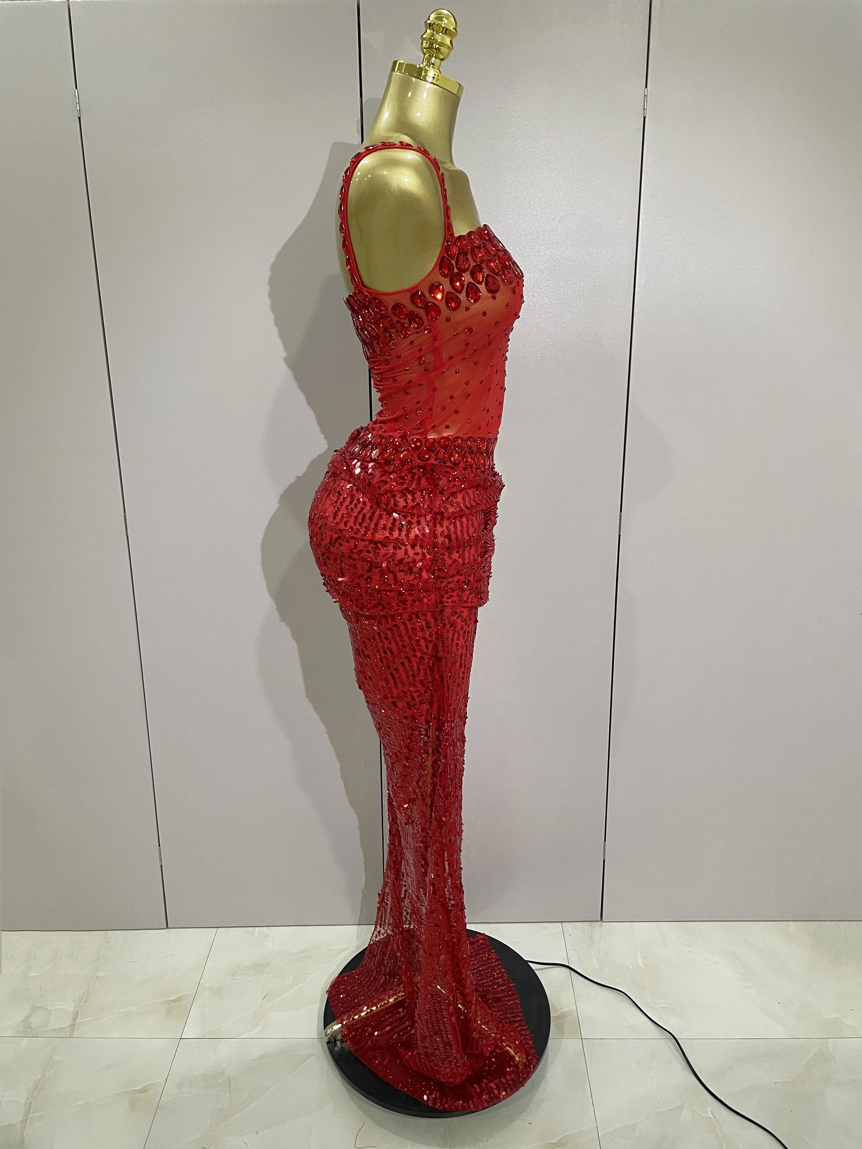 Robe longue 2 pièces transparente et sexy avec strass rouges scintillants et paillettes, pour femmes