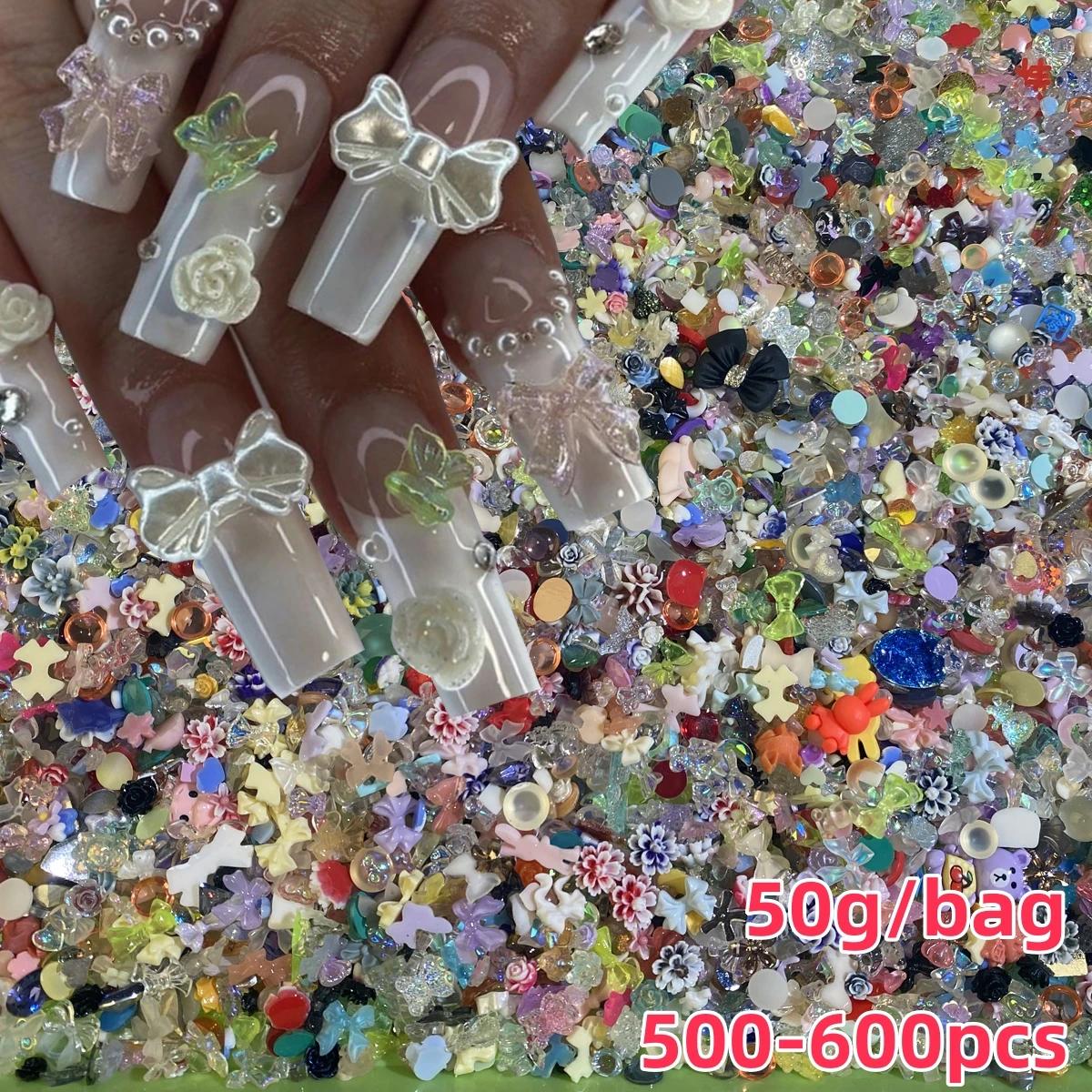 500-600 pièces mixte nœud papillon coeur fleurs breloques pour ongles 3D bonbons couleurs mélangées