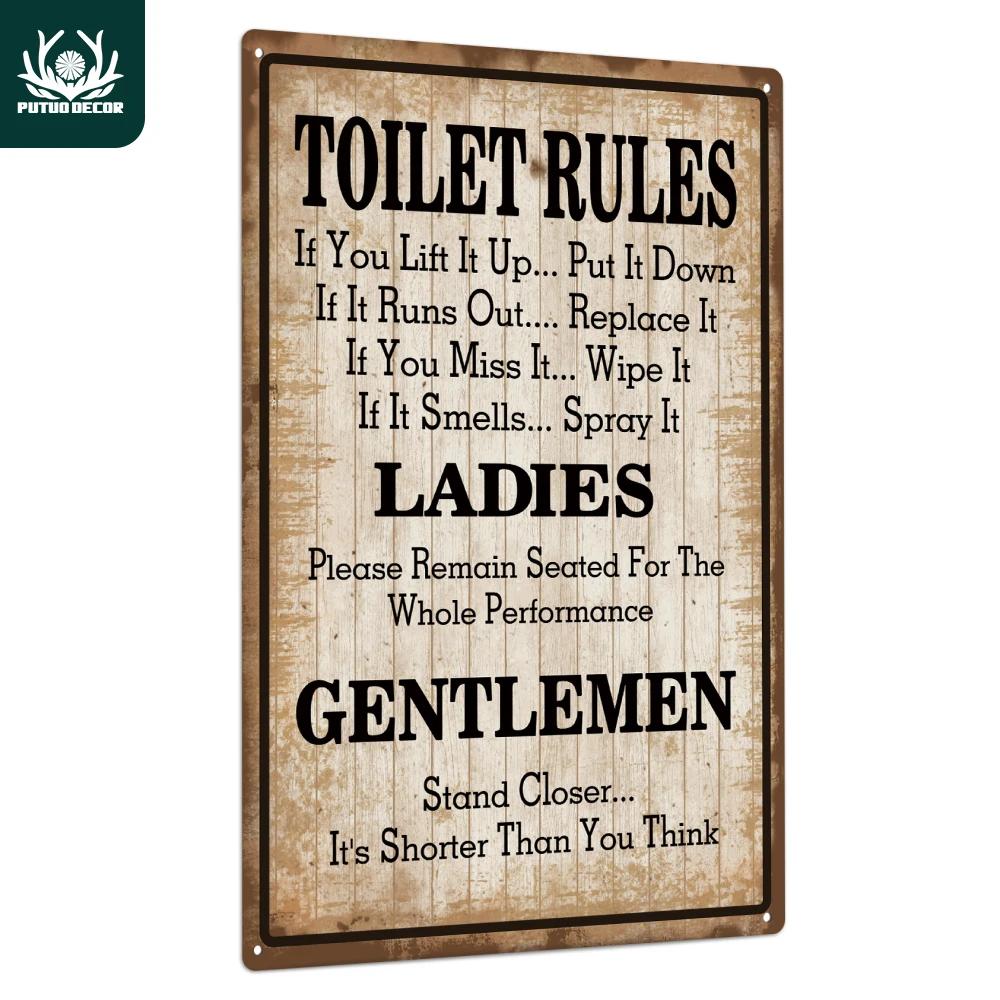 Putuo Decor-Plaque décorative vintage en métal, règles des toilettes, affiche murale en fer, peintur