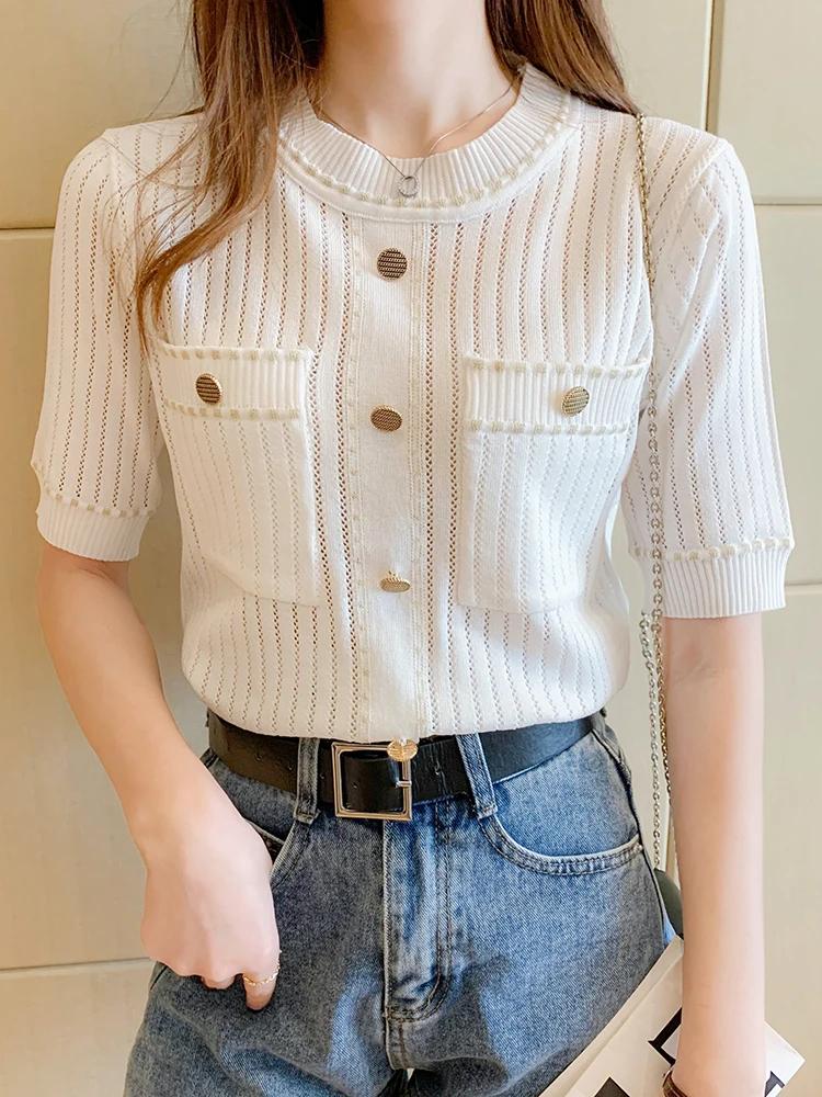T-shirt blanc à manches courtes pour femme, vêtement basique avec poches, estival et décontracté, 20