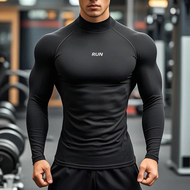 T-shirts à manches longues à col roulé pour hommes, séchage rapide, chemise de Compression Aurumn, s