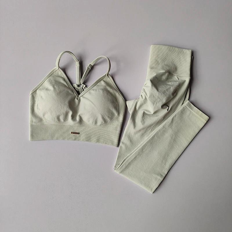 Ensemble de Fitness sans couture pour femmes, soutien-gorge, col en v, Leggings, Yoga, exercice à sé