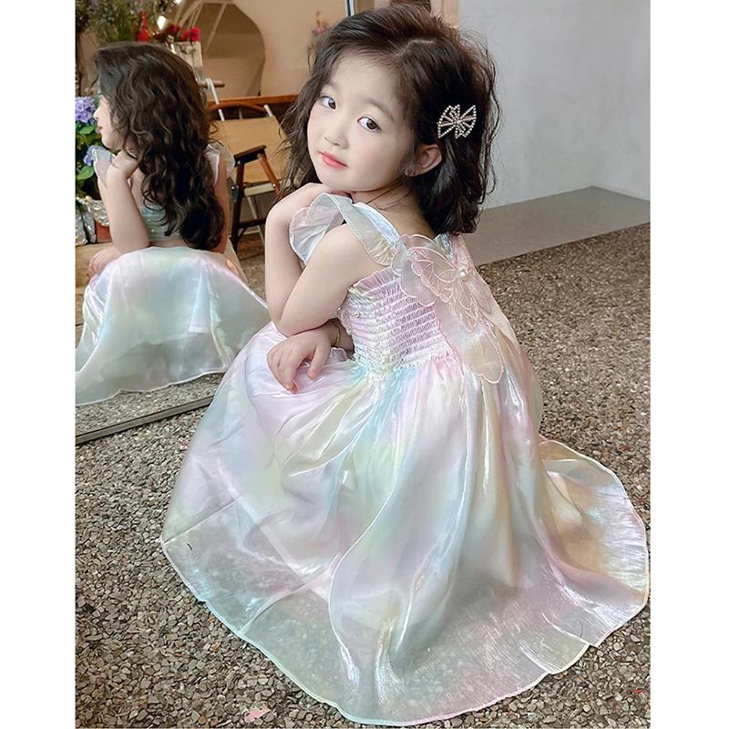 Robe princesse d'été pour filles de 1 à 8 ans, jolie robe en maille dégradée arc-en-ciel avec décora