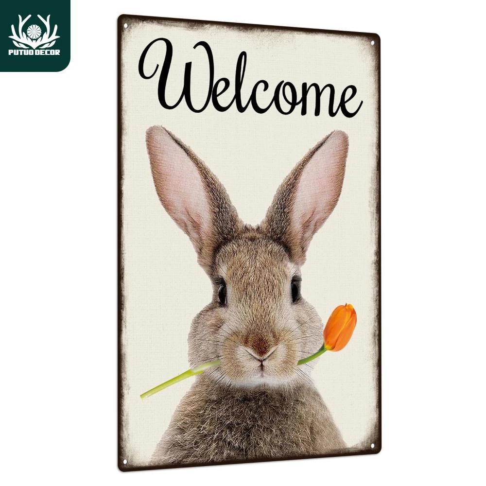 Putuo Decor-Panneau de bienvenue en métal, décor d'art mural lapin vintage, maison, jardin, ferme, 7