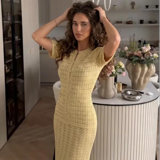 Nouvelle Robe Midi Élégante en Tweed Bleu Marine pour Femme 2026, Manches Courtes, Effet Deux Pièces