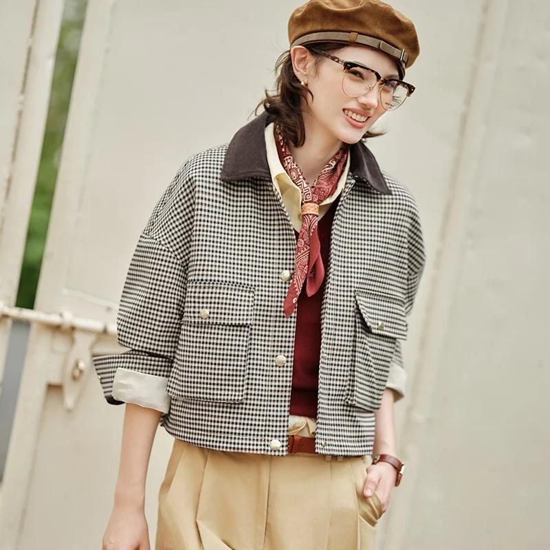 Semir veste femmes recadrée col tournant à la mode en vrac 2025 nouveau automne Plaid mode manteau
