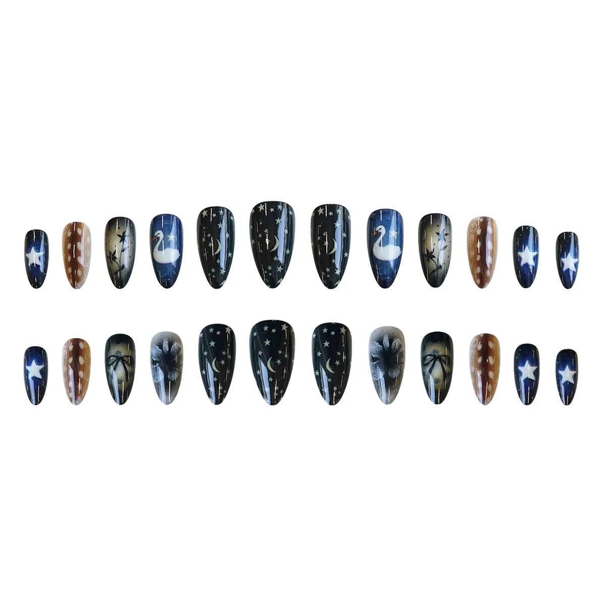 Faux ongles Style étoile lune, 24 pièces, nœuds papillon en forme de cygne blanc, motif floral impri