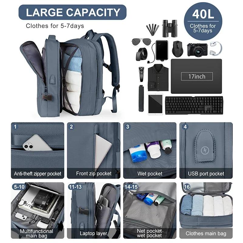 Sac à dos de voyage imperméable pour homme et femme, sac pour ordinateur portable de 40L, pour affai