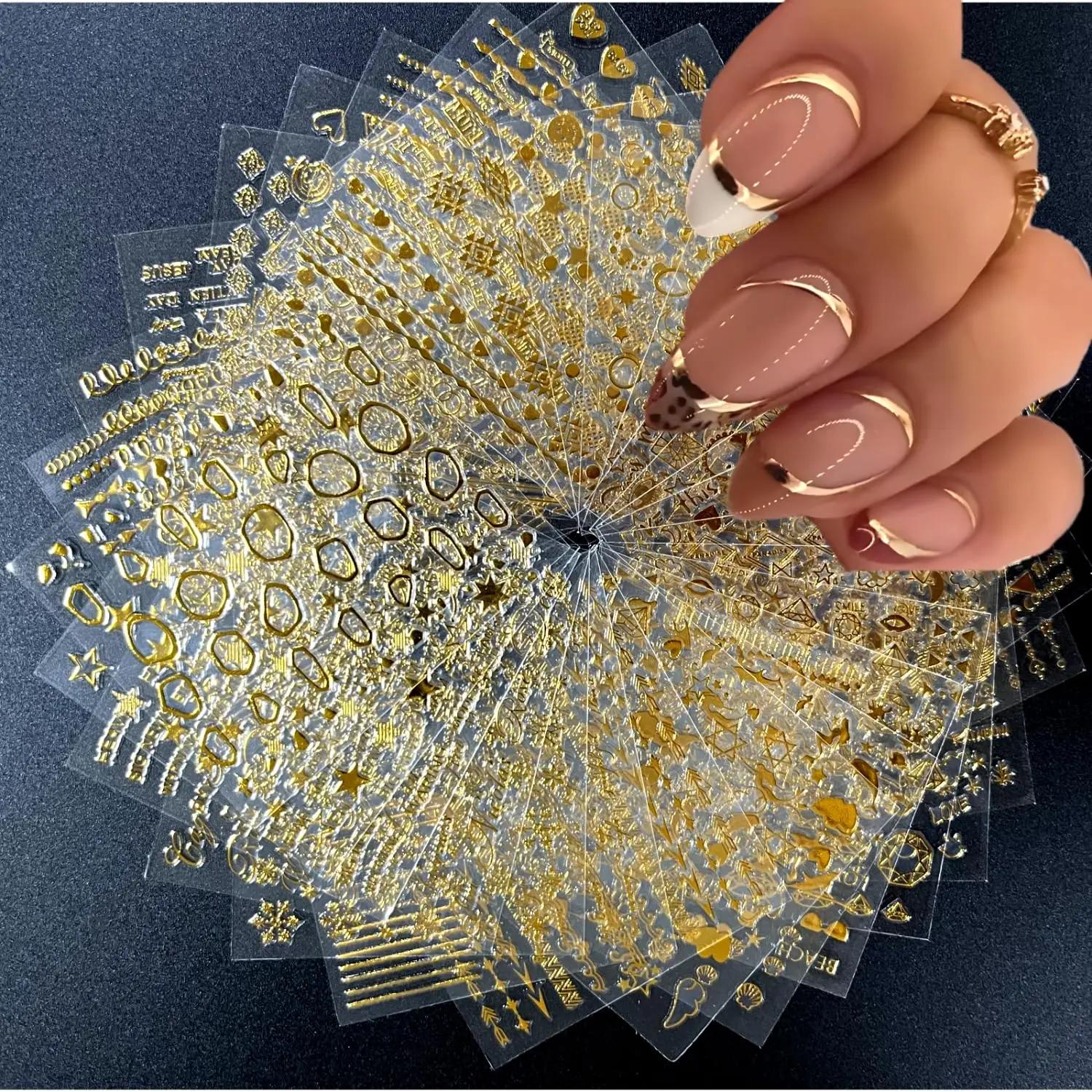 Autocollants pour ongles en or, 30 feuilles, autocollants 3D auto-adhésifs pour ongles, ligne dorée,