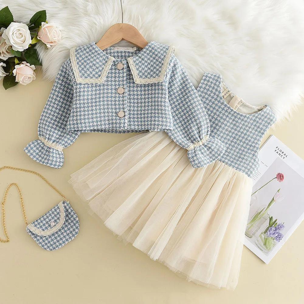 Ensemble 3 pièces à carreaux mille oiseaux pour fille – Manteau à gros revers + jupe gilet + cartabl