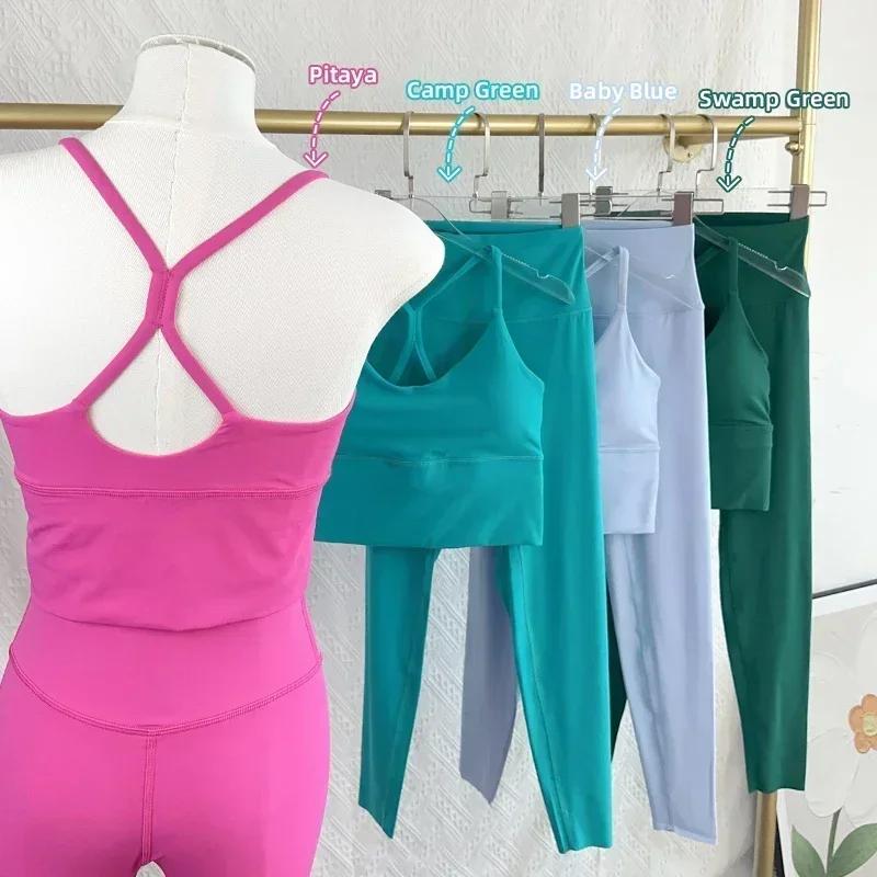 Leggings taille haute yoga femme 2 pièces - Ensemble fitness sexy dos croisé élasticité Y sport