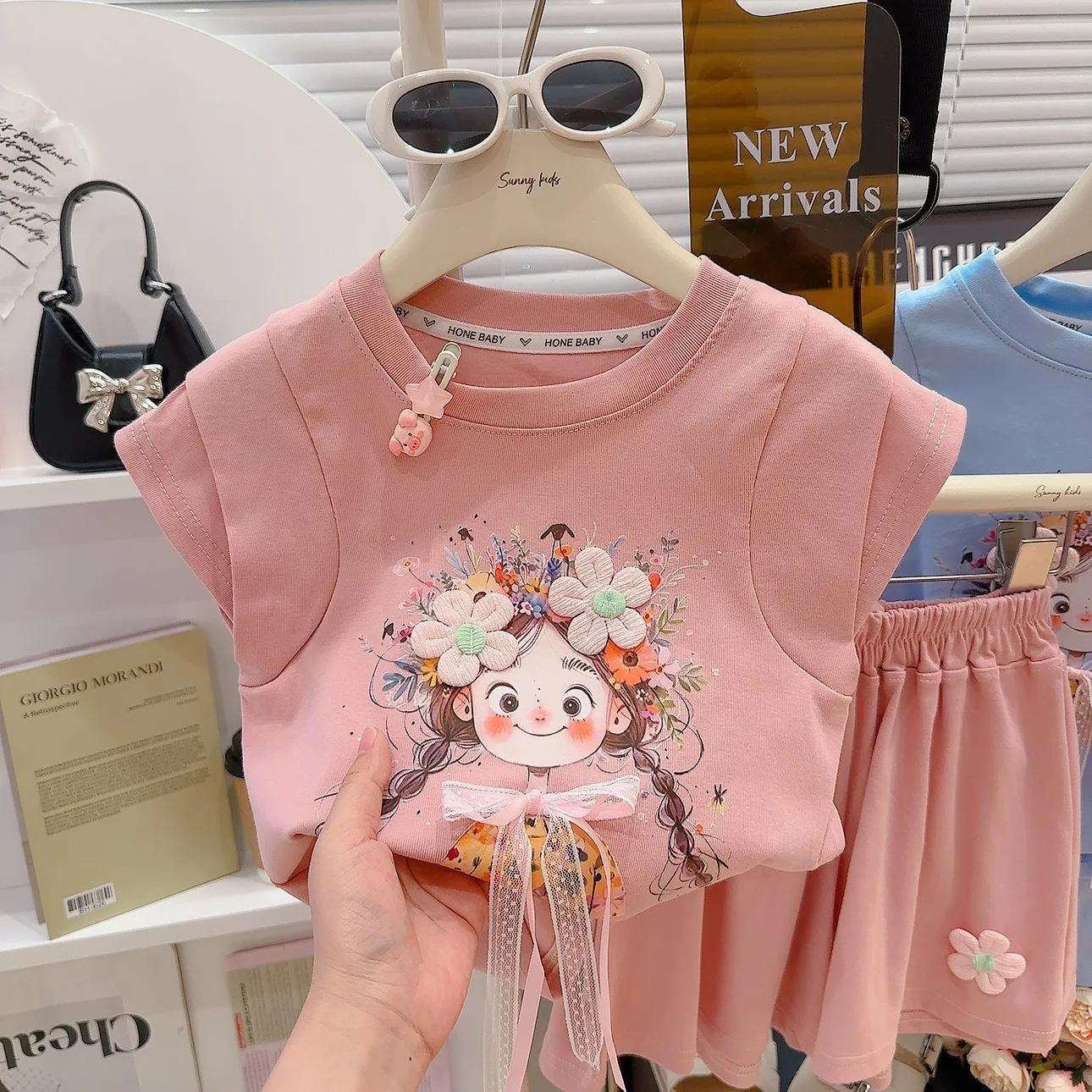 Ensemble 2 pièces t-shirt et short décontractés d'été pour filles, vêtements d'extérieur pour enfant
