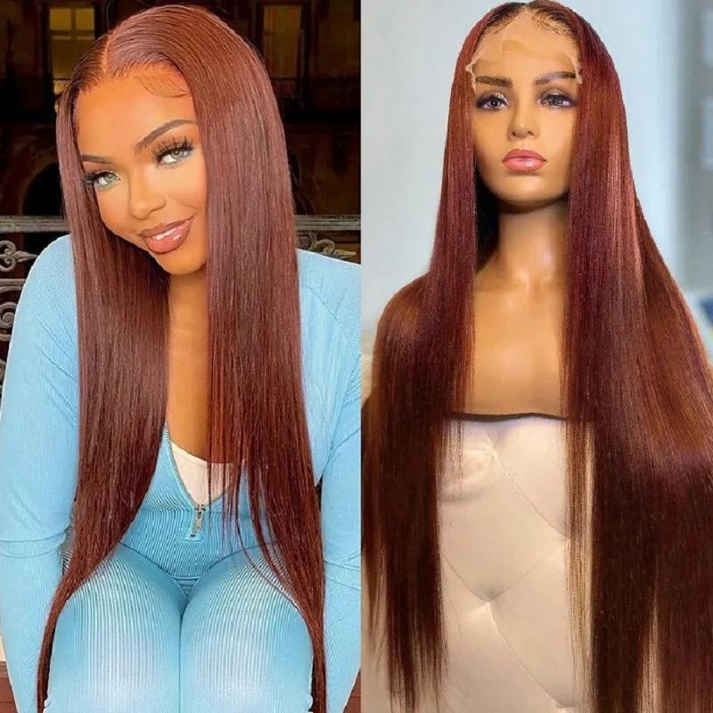 Perruque malaisienne naturelle, cheveux lisses, brun rousse, 4x4, 30 pouces, pre-plucked, avec baby