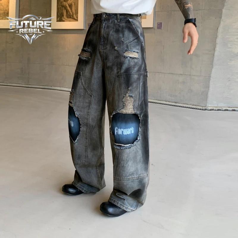 Jeans streetwear vintage américains, amples, style hip-hop, délavés, déchirés, tendance gothique Y2K