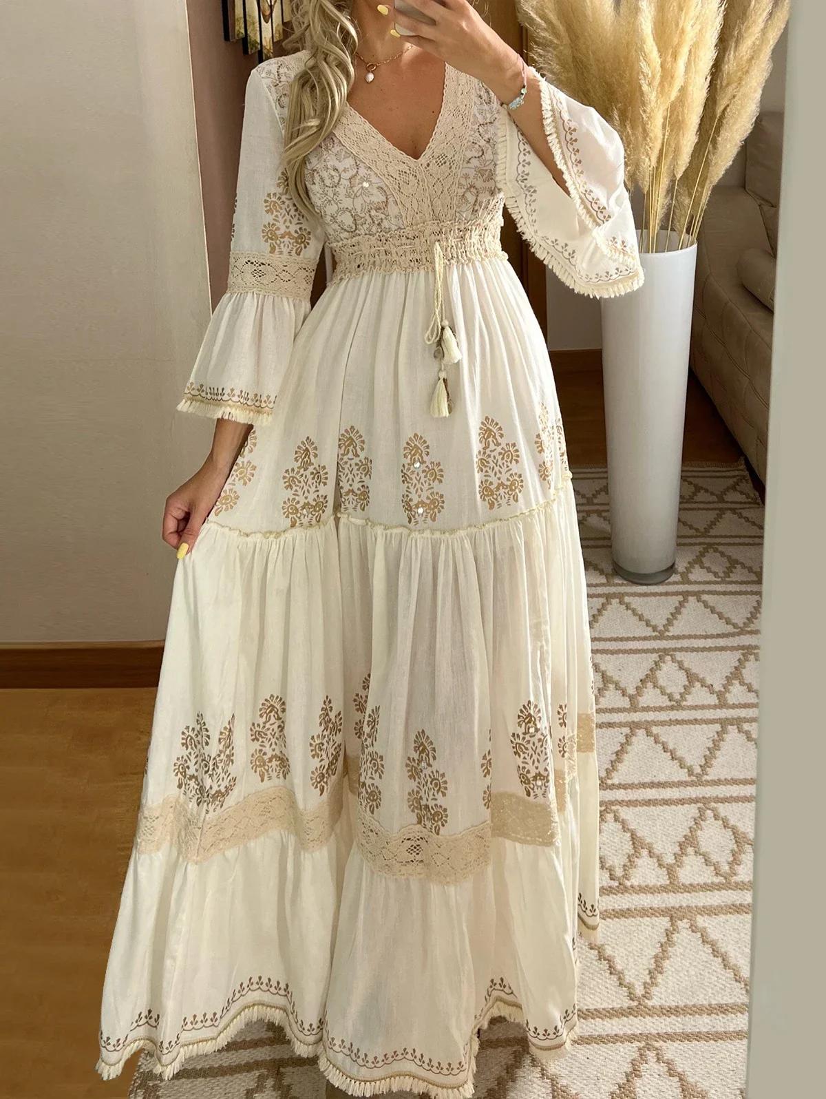 Robe longue pour femme élégante à franges, col en V, manches évasées, style vintage bohème, décontra