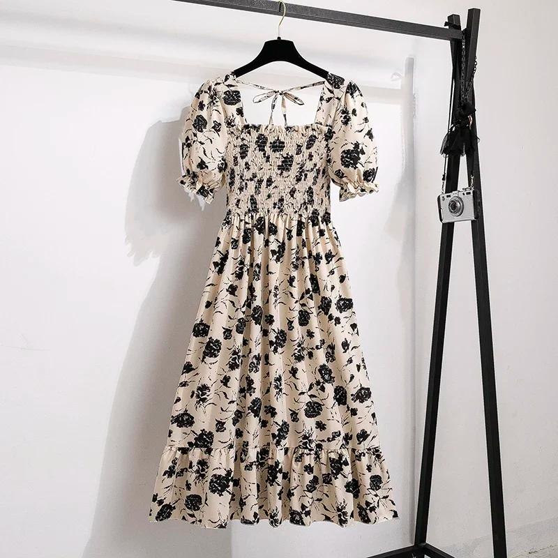 Printemps été robes en mousseline de soie mode femme taille élastique à manches courtes plissée tenu