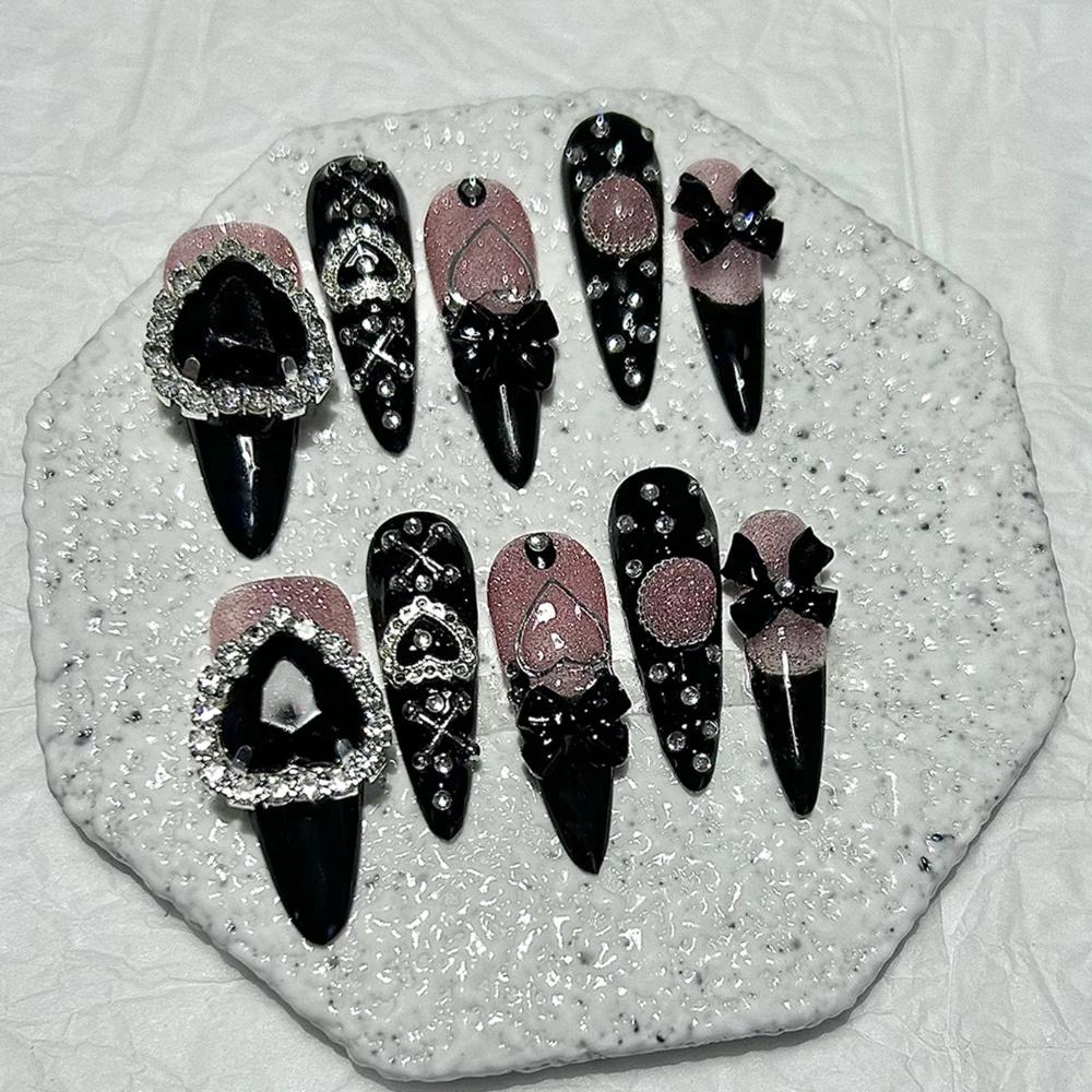 10 pièces Y2K Gyaru Kei noir rose longue pointe à la main presse sur les ongles Jirai arc amour diam