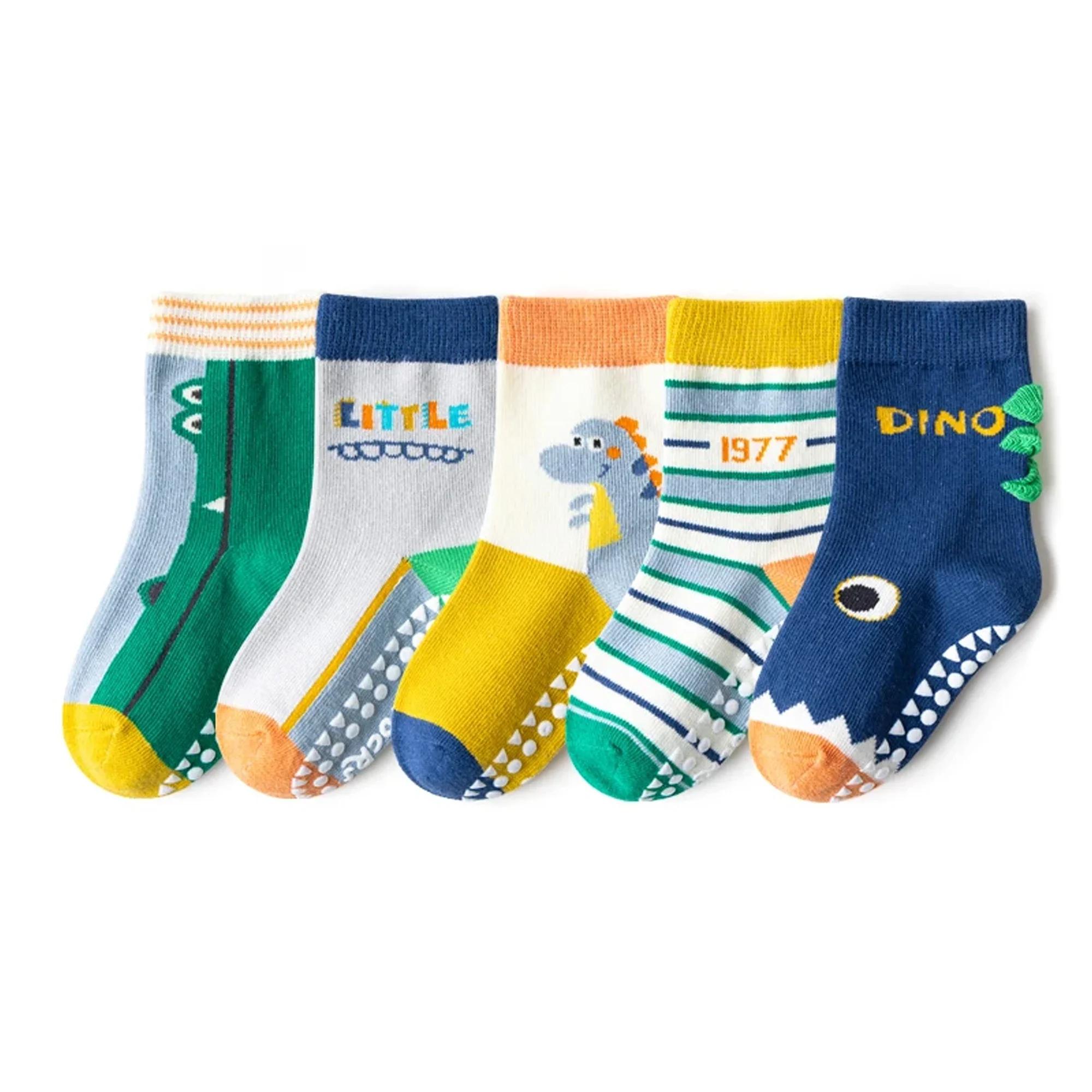 5 paires de chaussettes antidérapantes en coton pour enfants, chaussettes de sol à fleurs de dessin