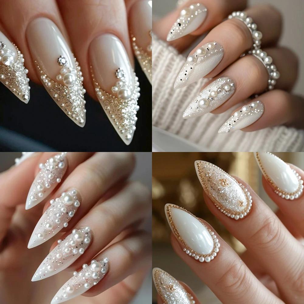 12 grilles de perles blanches 3D, breloques pour ongles, 1.5-5mm, perles rondes/demi-rondes, strass,