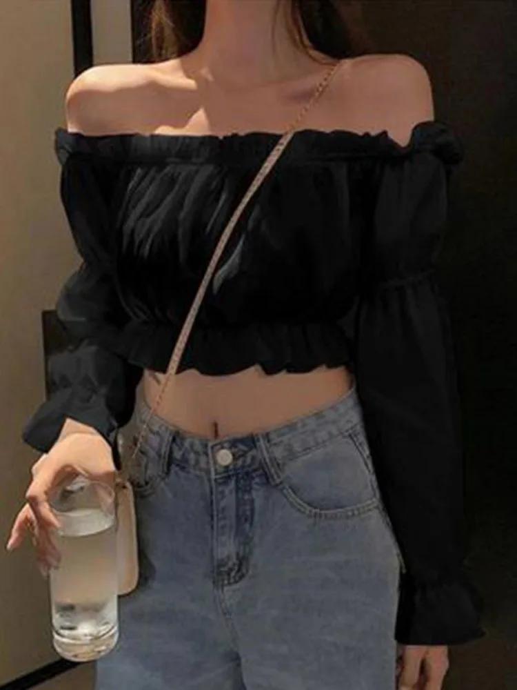 Haut Sexy pour femmes, épaules dénudées, manches longues, couleur unie, chemise blanche, manches bou