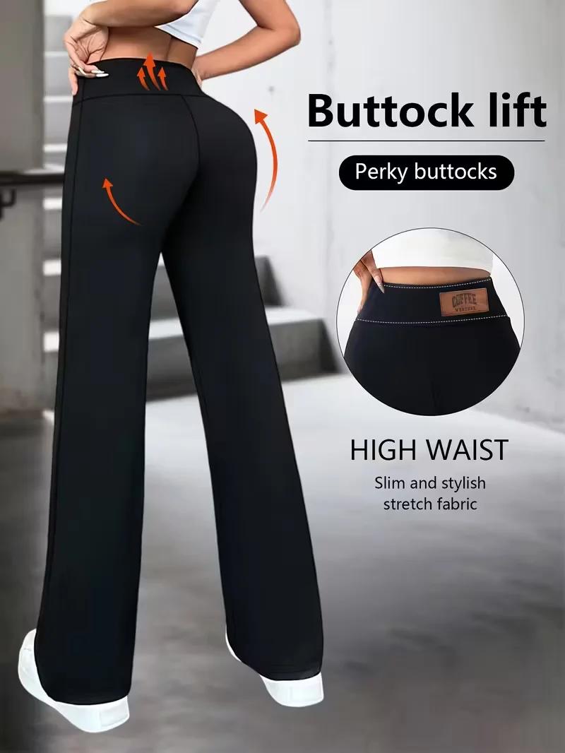 Pantalon droit taille haute pour femme, extensible, noir uni, élégant et essentiel pour le bureau, s