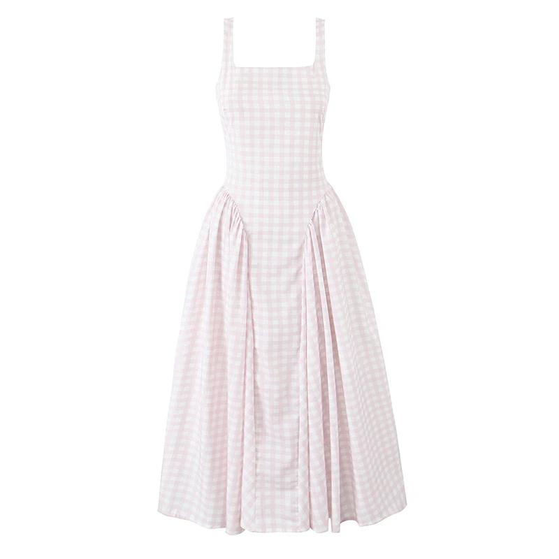 YENKYE à lacets pansement Plaid Robe à bretelles femmes élégant col carré taille basse a-ligne Midi